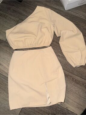 PrettyLittleThing Beige One-Shoulder Crop Top & Mini Skirt Set